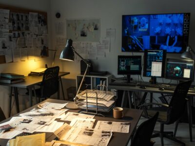 ark Inspired Academia Jobs featured image of an office that has papers on the desk and some monitors, probably for a private investigator