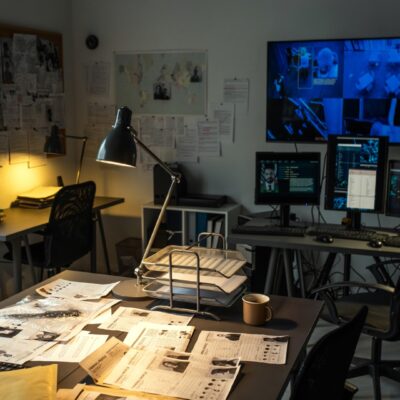 ark Inspired Academia Jobs featured image of an office that has papers on the desk and some monitors, probably for a private investigator